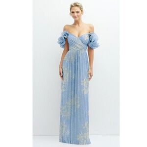 After Six: Ruffle Off the Shoulder Metallic Column Gown